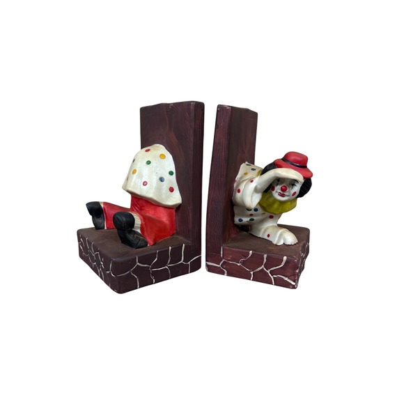 Vintage Ceramic Clown Bookends Whimsical Circus Decor Shelf Display 6" - Picture 1 of 6